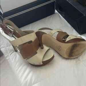 Michael Kors Tan and Cream Heels with Chunky Heel and Slingback Design